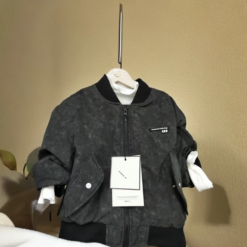 韩版棒球领休闲风棉服黑色灰色加绒秋款男童春款牛仔上衣