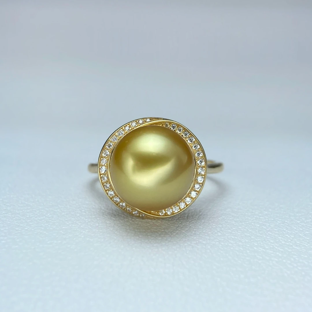 【喜悦珍珠】海水金珠戒指纯天然100%珍珠戒指18k金镶嵌真珍珠指环