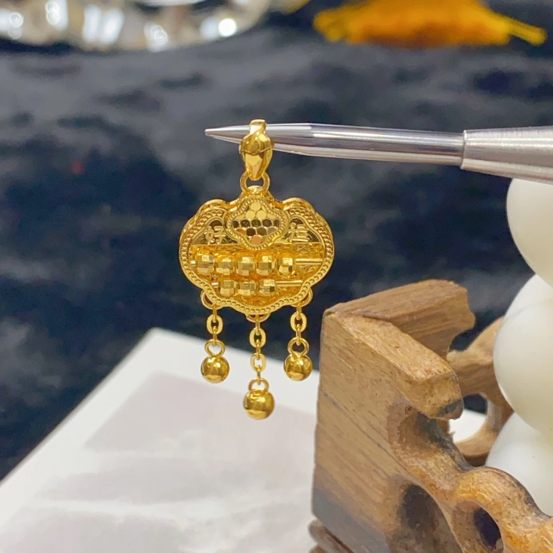 足金999算盘锁吊坠复古双面实心传承精美吉祥福牌本命年手工时尚