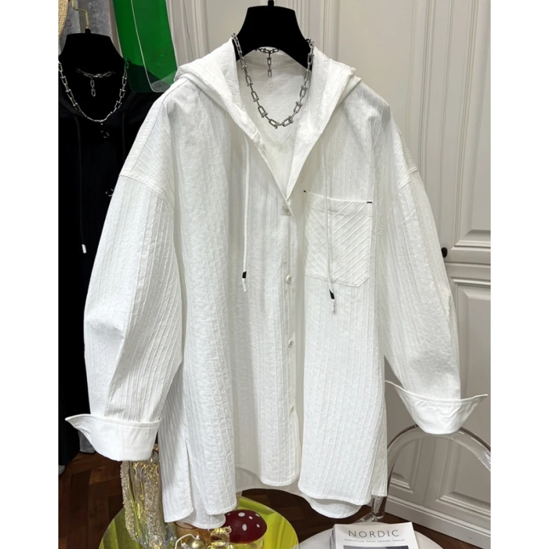 宽松连帽衬衫女2025秋新款慵懒风肌理感休闲长袖开衫外套大版上衣