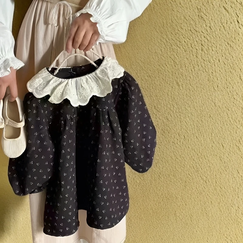 韩版女童2025新品秋季森系连衣裙女宝复古可爱碎花蕾丝圆领公主裙