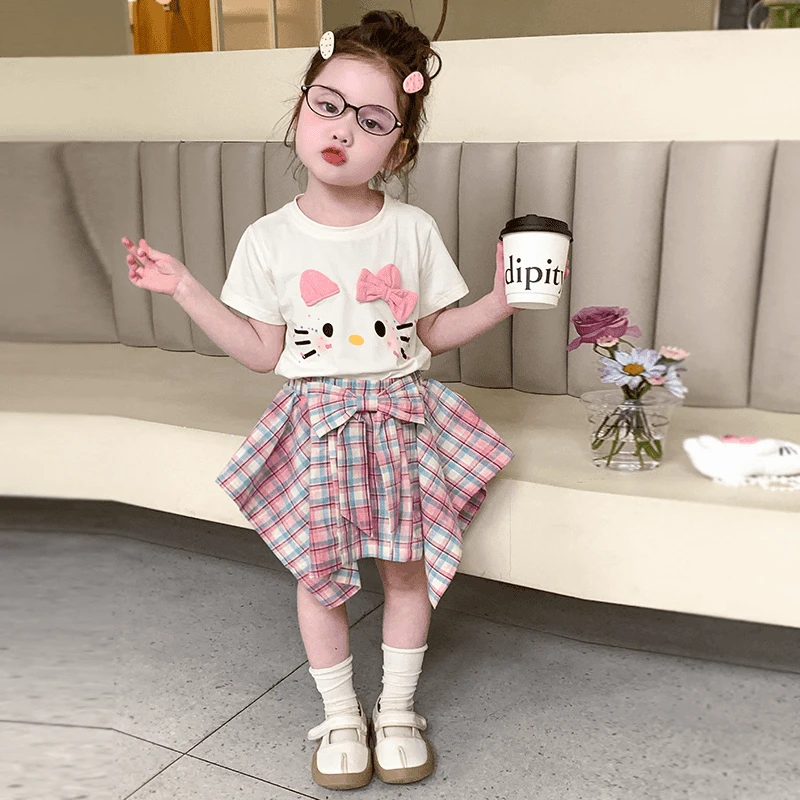 女童短袖T恤套装洋气儿童夏季新款女宝宝格子短裙两件套女孩时髦