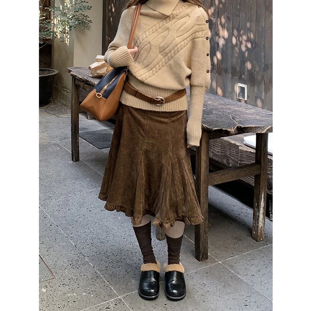 复古美拉德棕色包臀裙女冬季新款美式辣妹高腰显瘦垂感鱼尾裙