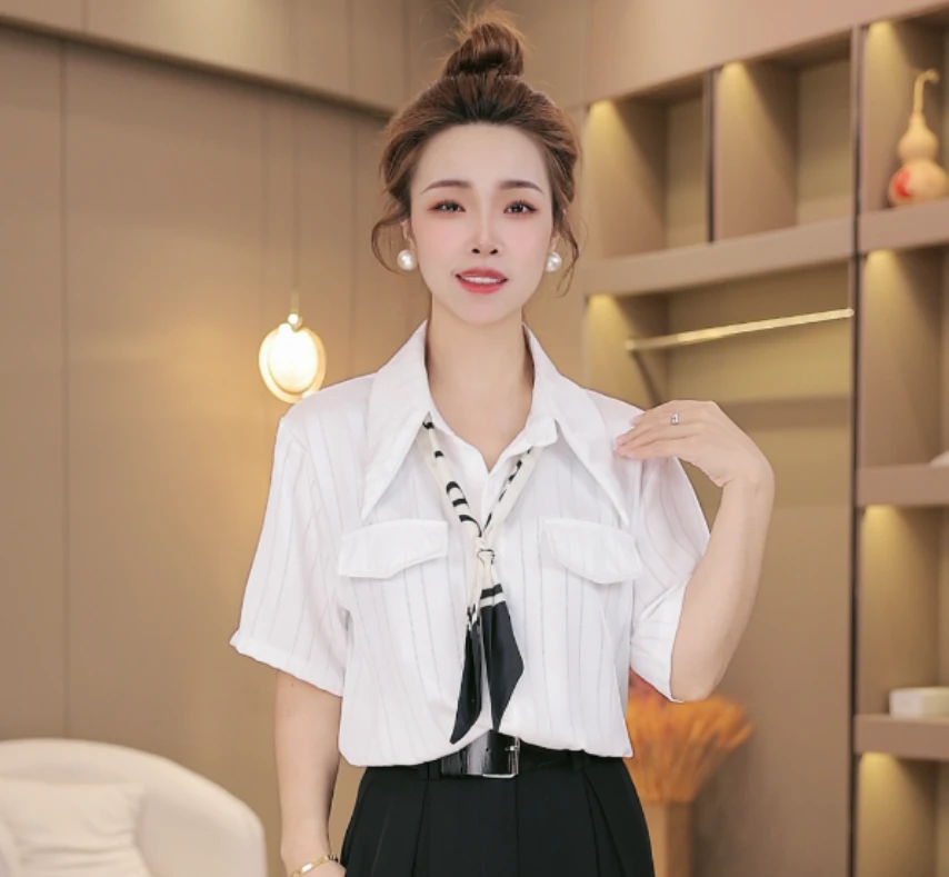 【橙子定制】夏季新款韩版时尚尖领抽绳短袖短款条纹衬衫9122