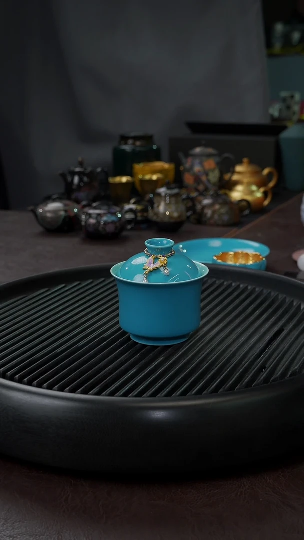 【闪购商品】杯【宜景窑松石蓝】马蹄盖碗+挂饰