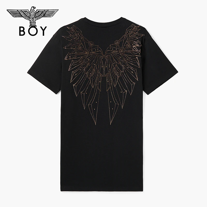 BOYLONDON春夏女士黑色烫钻时尚休闲百搭印花圆领连衣裙W17096