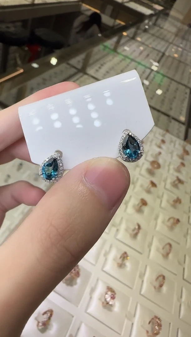 银S925镶嵌耳饰托帕石伦敦蓝5*7mm耳钉