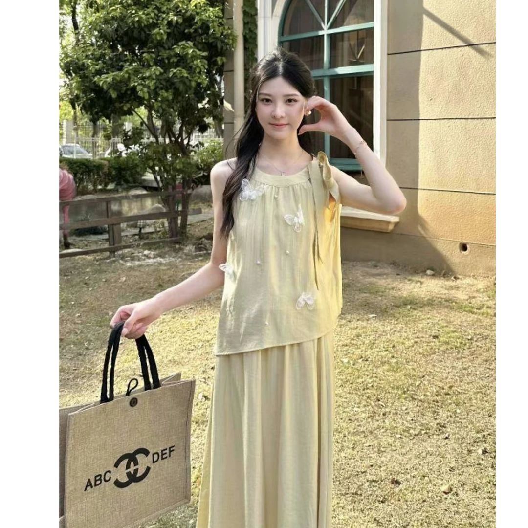 无袖挂脖露肩上衣+高腰裙子夏日法式温柔半身长裙两件套HJ-2123