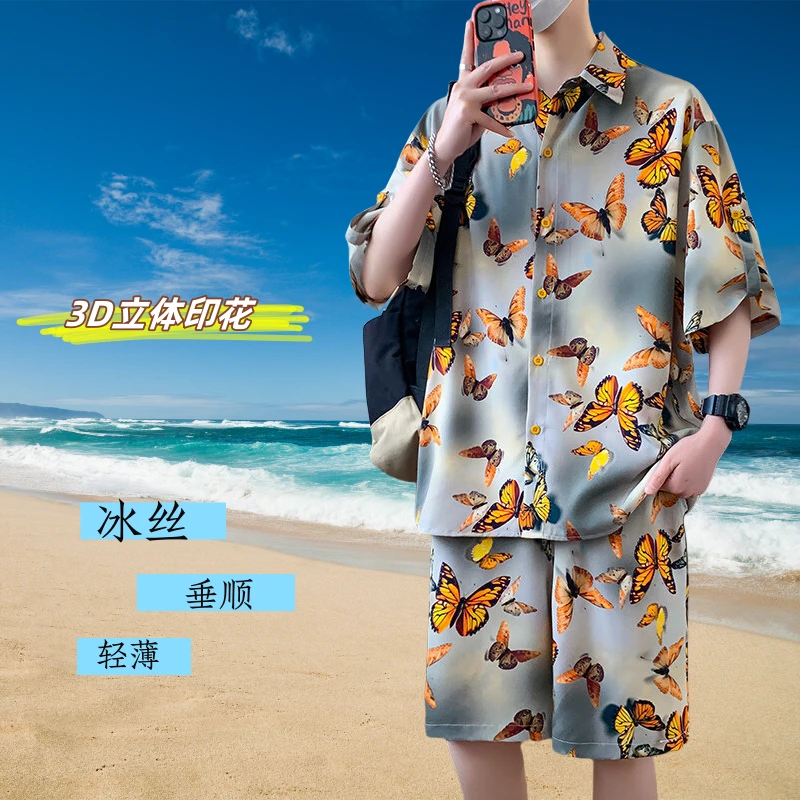 夏季男士冰丝时尚休闲套装3D立体印花痞帅花衬衫短袖短裤两件套潮