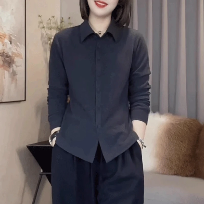 极简风保暖双面德绒长袖衬衫女秋冬百搭高级感POLO领加厚内搭上衣