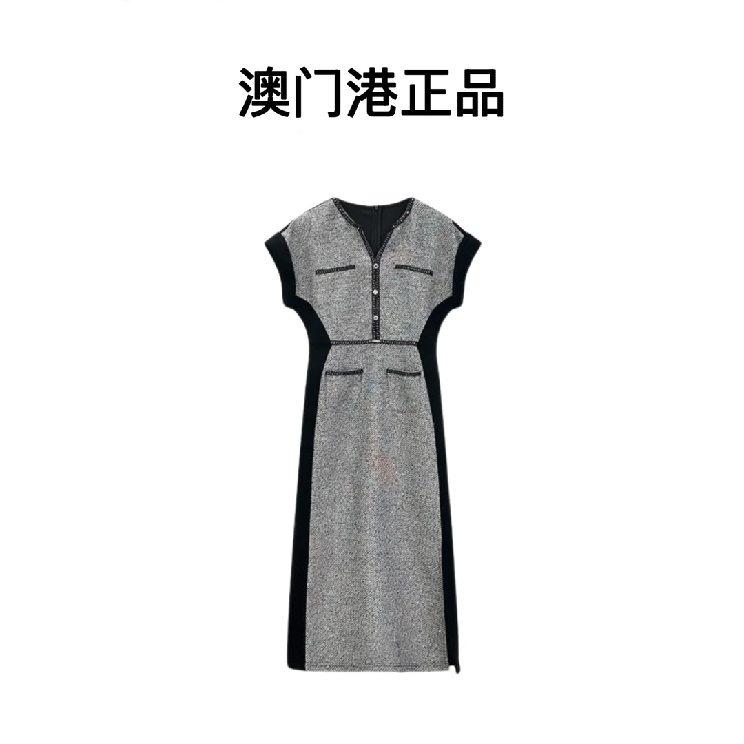 【澳门港正品】灰黑拼接V领镶边点缀口袋无袖连衣裙msl305