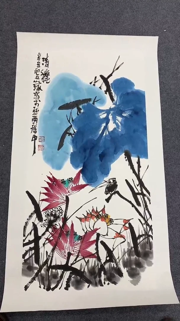 竖款精品三尺指墨荷花