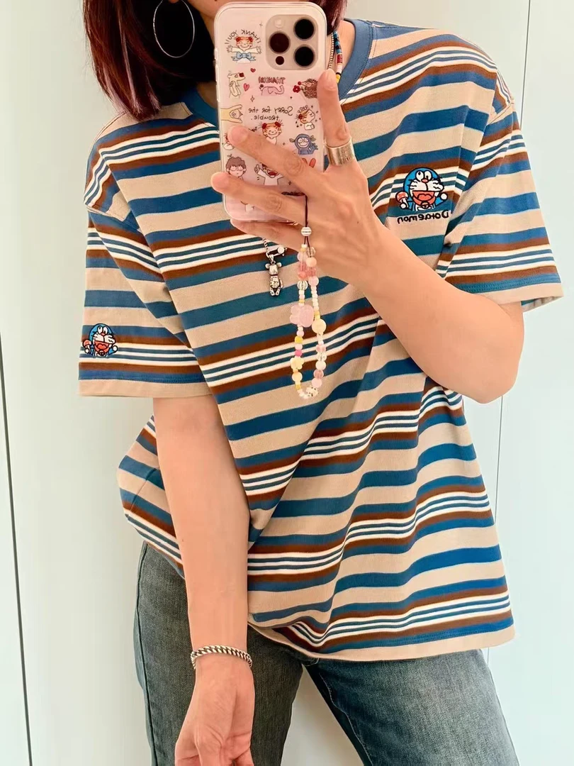 B25 蓝条纹纸袋家卡通刺绣条纹25克双纱棉半袖女