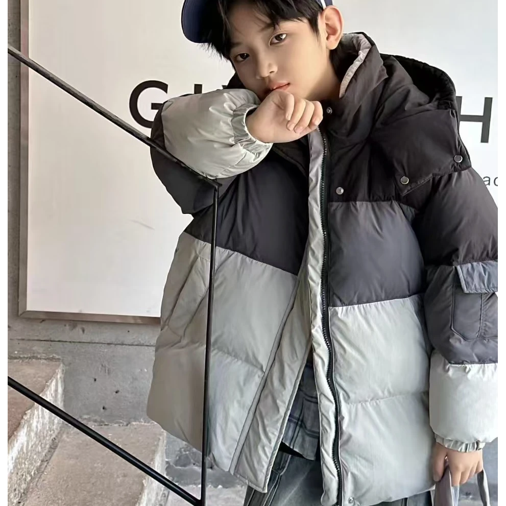 2025潮牌三拼外套中大男童女童棉服外套冬季加厚拼接休闲长款衣服