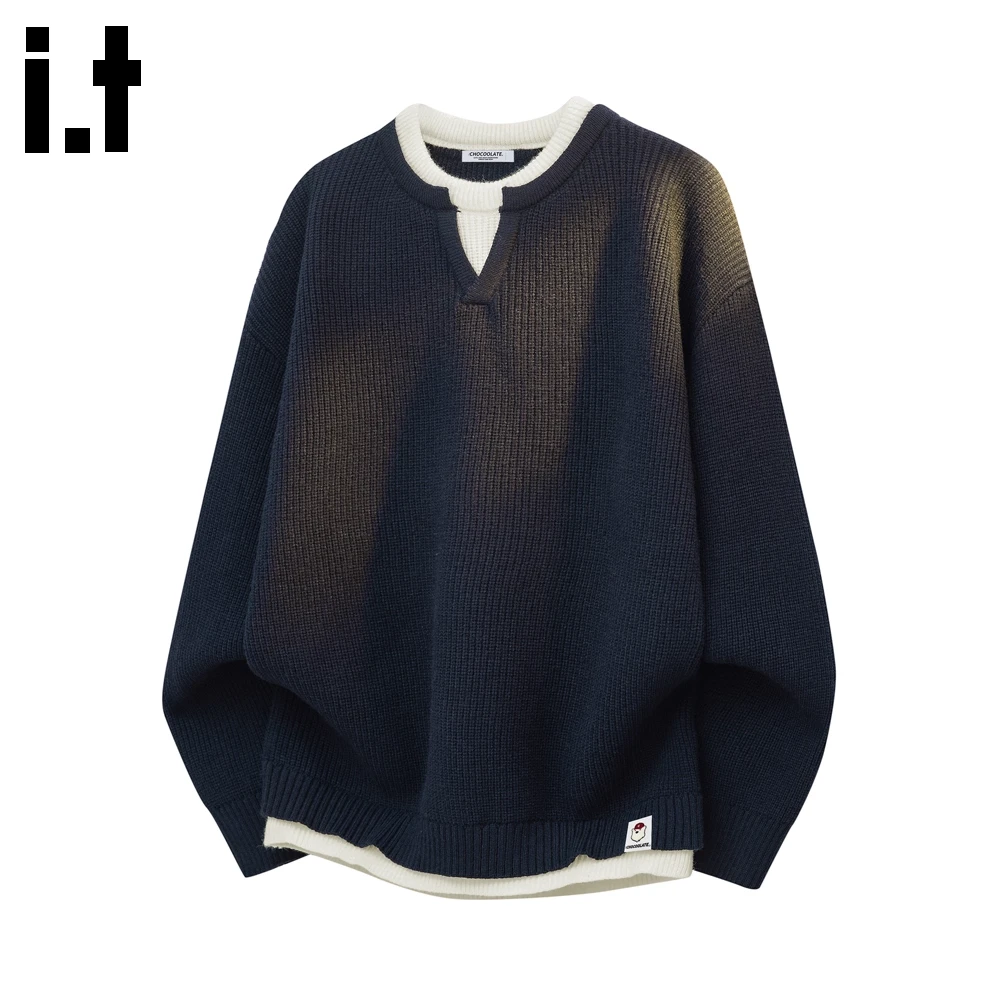 it:CHOCOOLATE美式假两件套头针织衫男士秋季新款宽松V领长袖毛衣