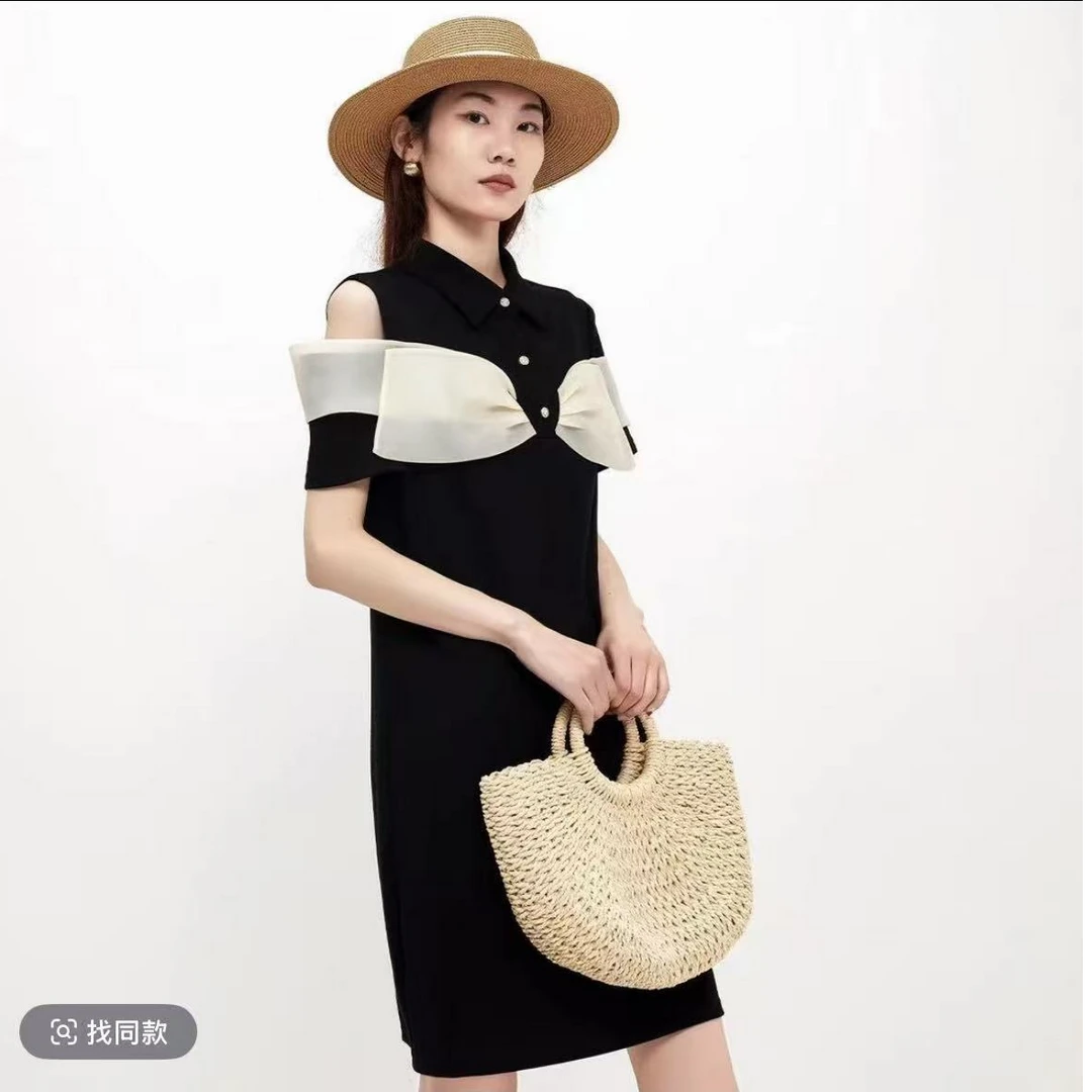 拼接露肩圆领连衣裙时尚高腰吊带蝴蝶显瘦