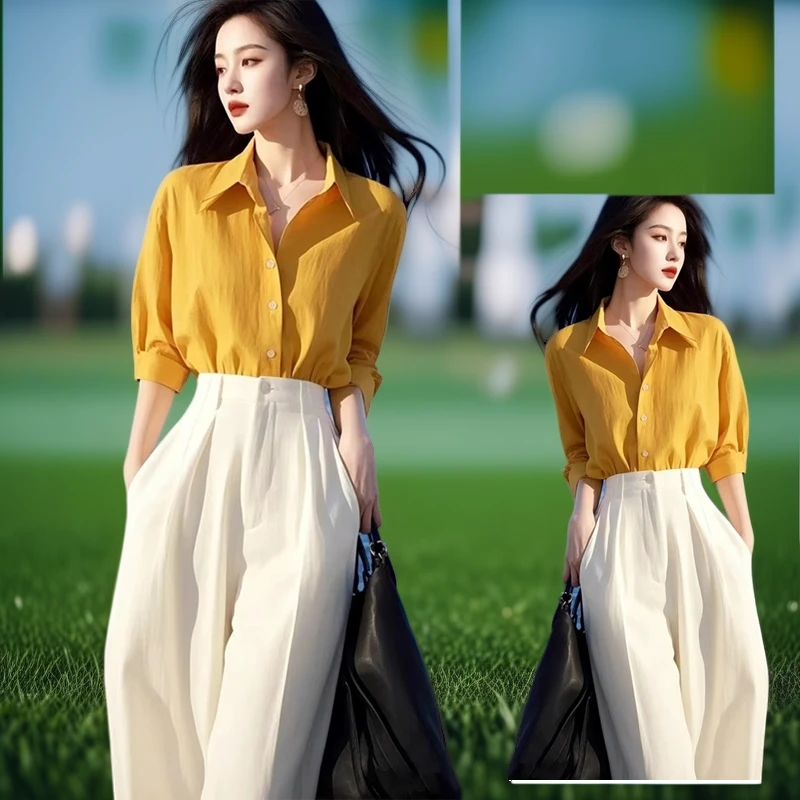 2025超火秋装独特漂亮高级感减龄小香风黄色衬衫阔腿裤两件套装女