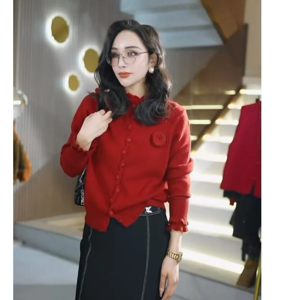 时尚百搭气质保暖加厚玫瑰花木耳边中领女士毛衣开衫W9113369