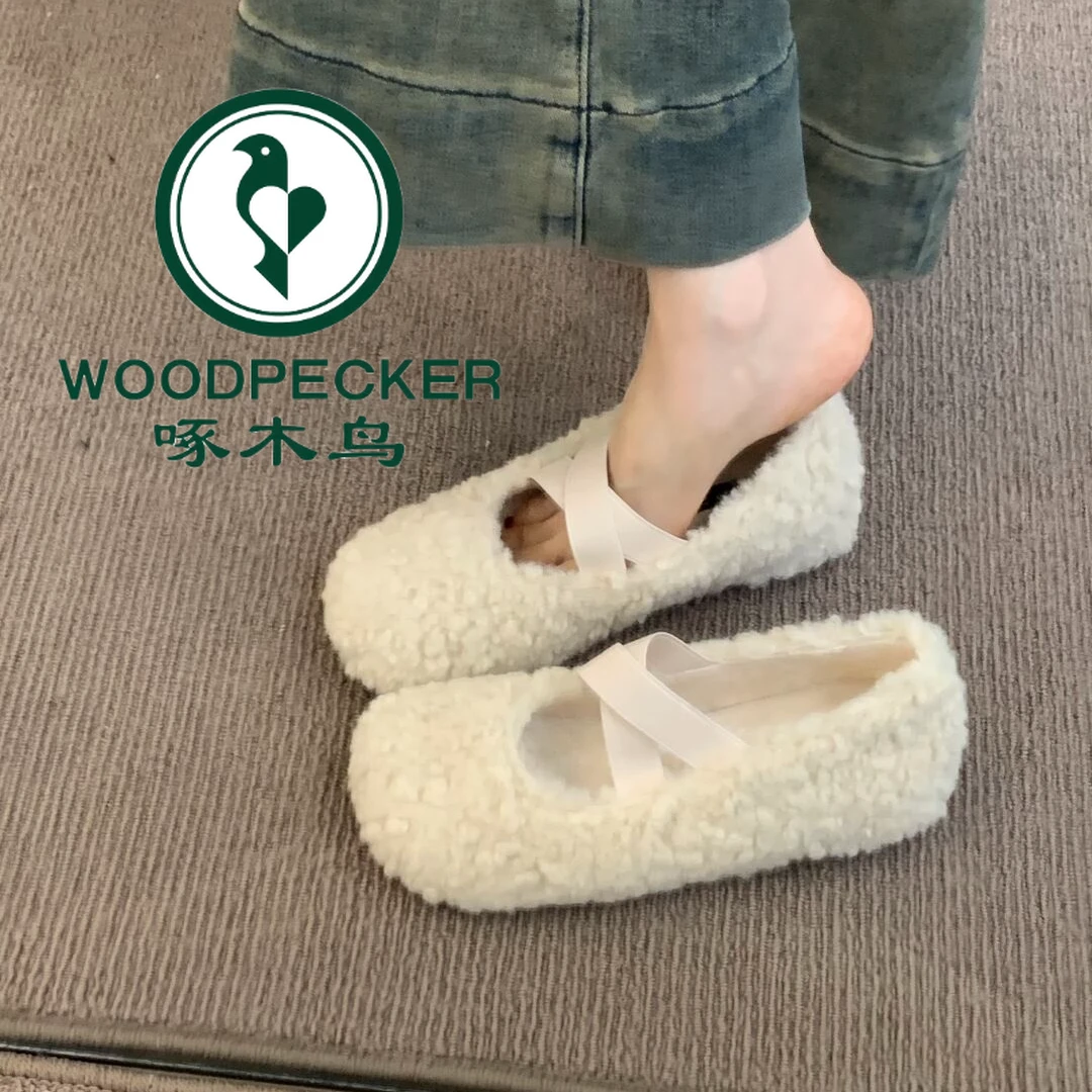 啄木鸟一脚蹬毛毛鞋女冬外穿女法式玛丽珍鞋加绒豆豆鞋小香风单鞋