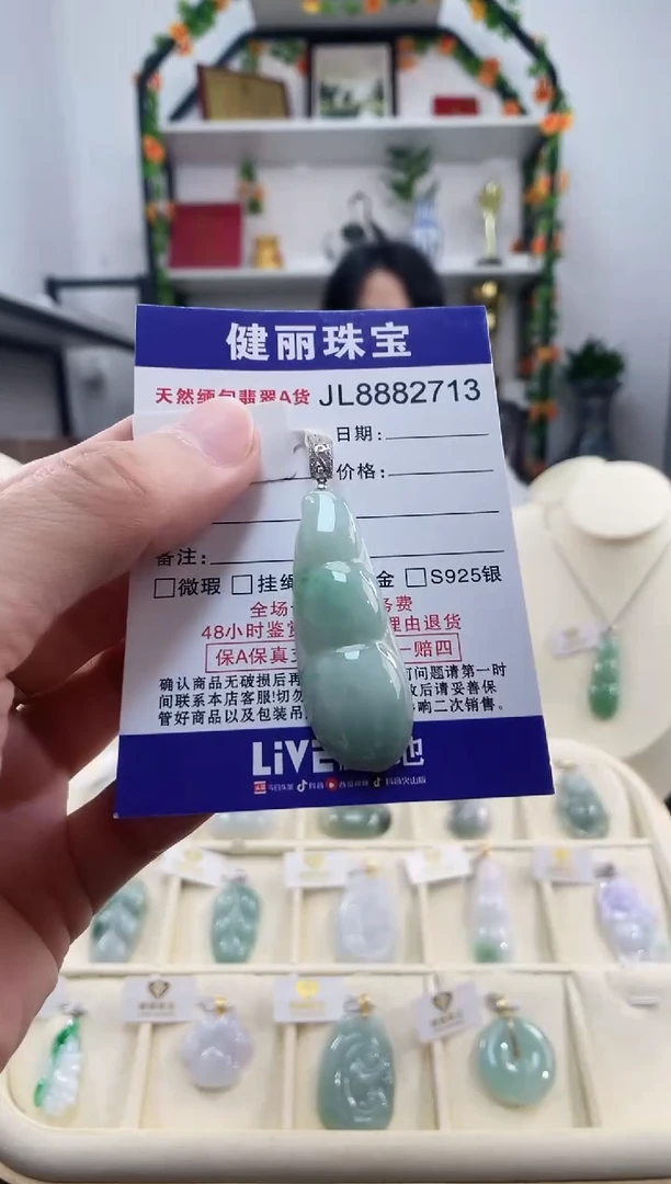 颈饰18K金镶嵌翡翠天然缅甸翡翠 富贵豆(一物一证)+银链