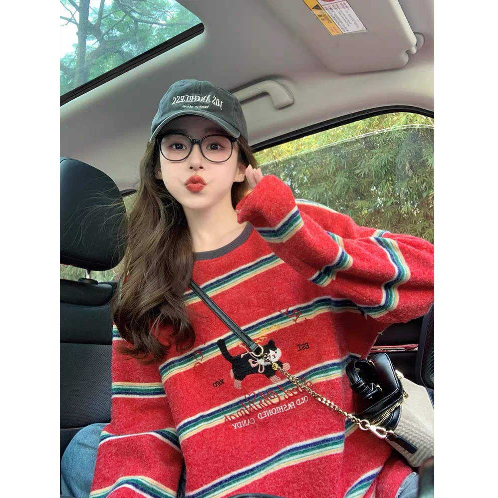 2025新款条纹印花T恤宽松刺绣圆领网红休闲长袖拼色慵懒风5059