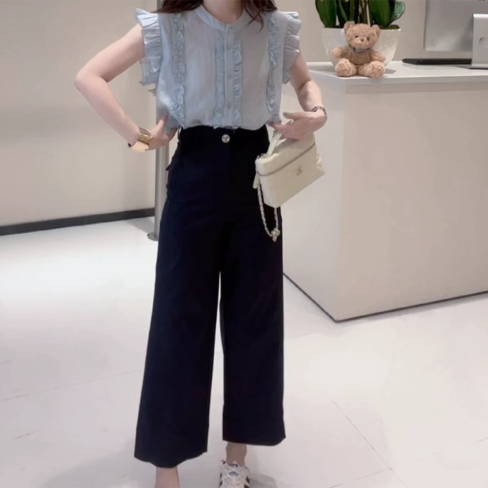2025夏季宽松木耳边单排扣减龄小衫韩版透气衬衫+休闲裤两件套