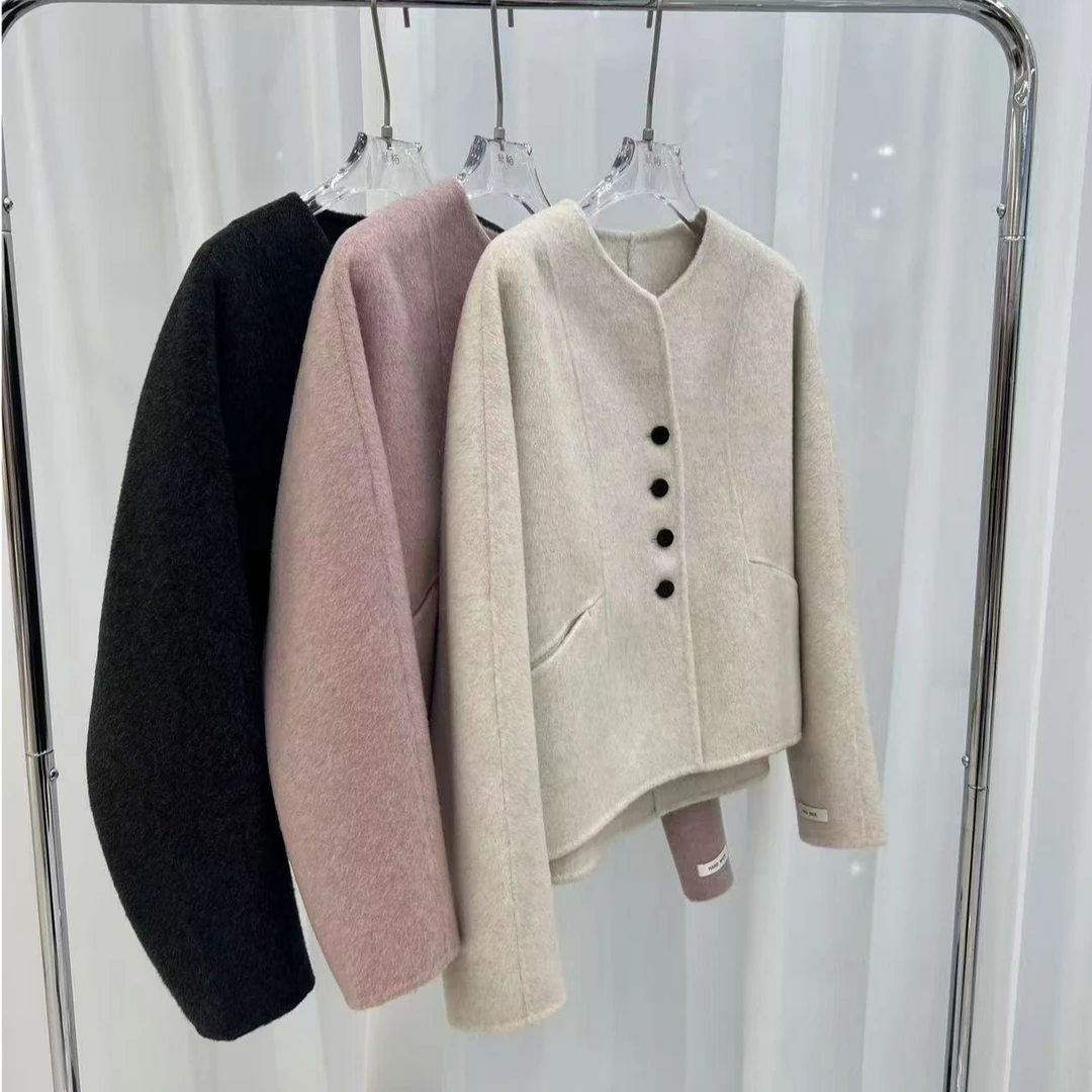 【浥尘女装】703双面羊驼毛大衣V领扩版小香风毛呢外套浥尘女装