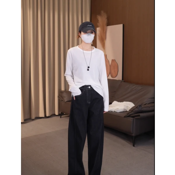 硕哥春款百搭宽松时尚休闲打底内搭纯色长袖修身圆领上衣 22668