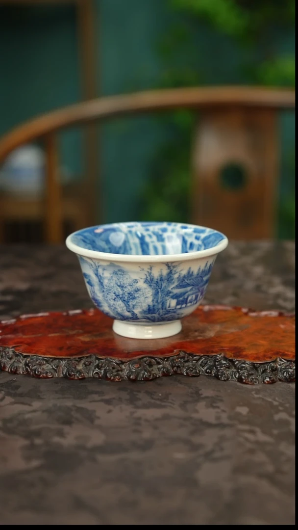 谢凯山房 青花手绘山水主人杯