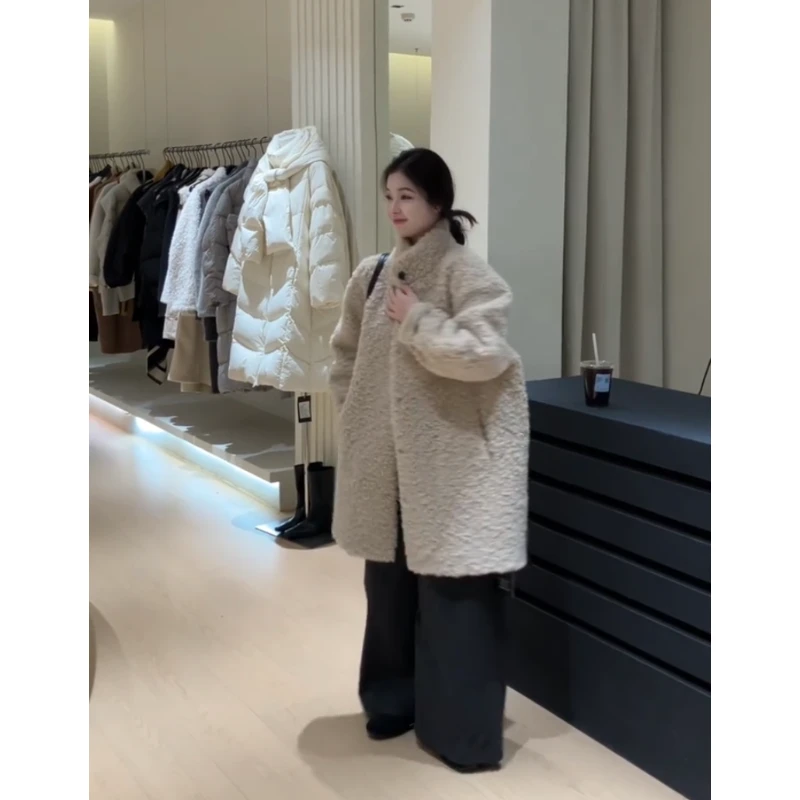 MARIE.COCO韩系秋冬复古感设计羊羔毛中长款大衣外套搭宽松休闲裤