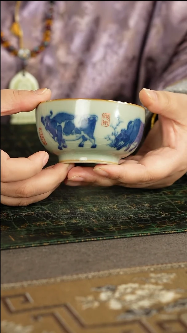 善窑厂汝窑青花五牛图主人杯