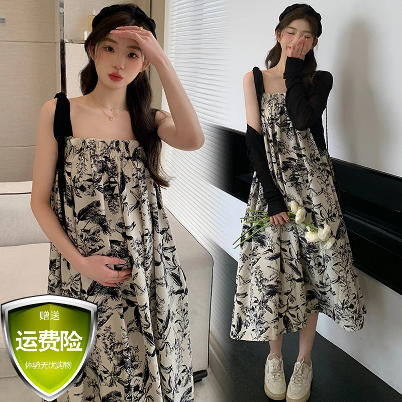 孕妇装时尚套装2025秋季新款复古水墨印花宽松显瘦孕妇吊带连衣裙