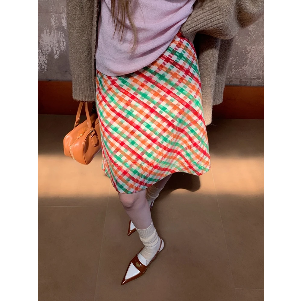 彩虹格纹半身裙女冬季新款韩版气质高腰遮胯复古显瘦休闲中长裙