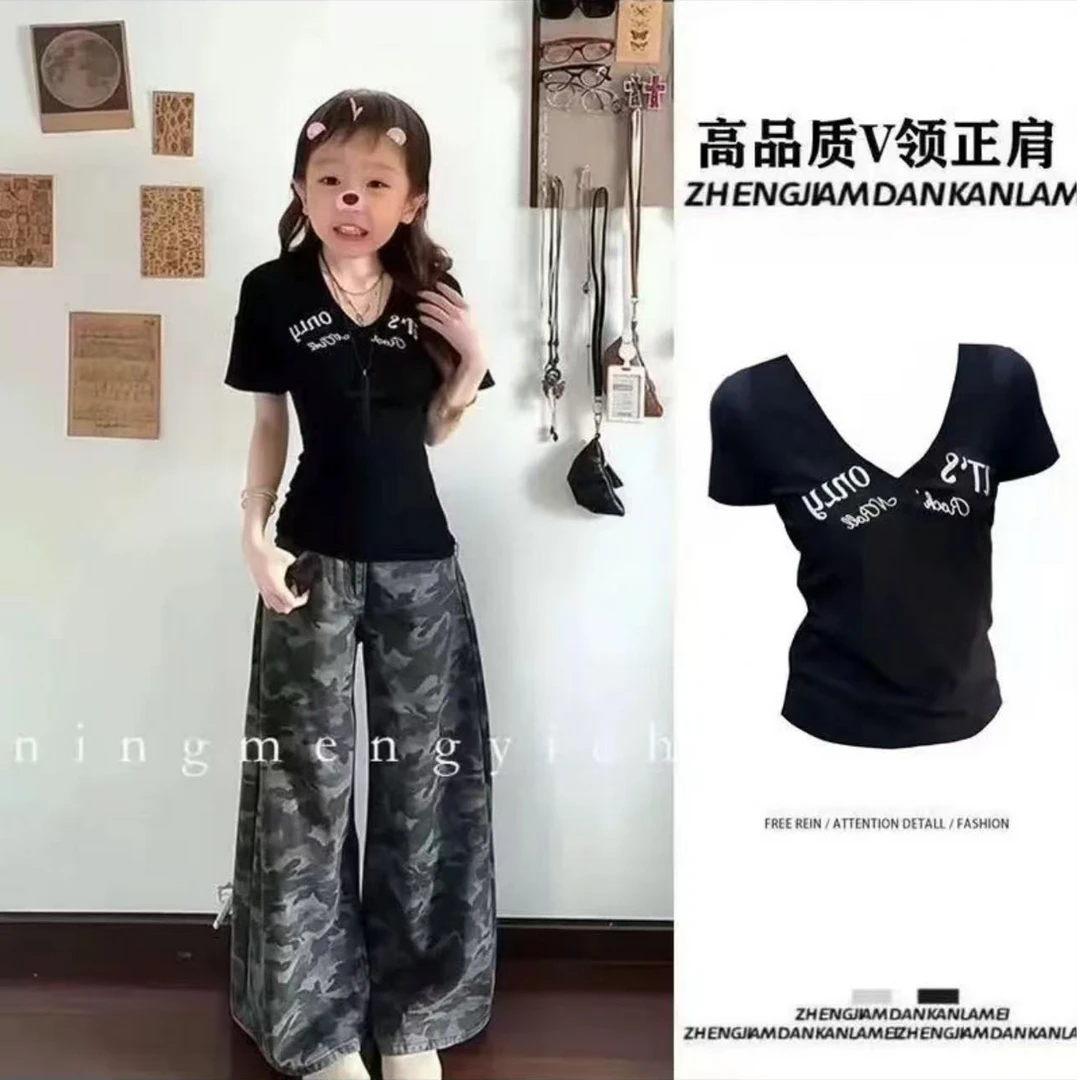美式夏季辣妹字母印花短袖修身V领T恤新款收腰紧身显瘦穿搭上衣女