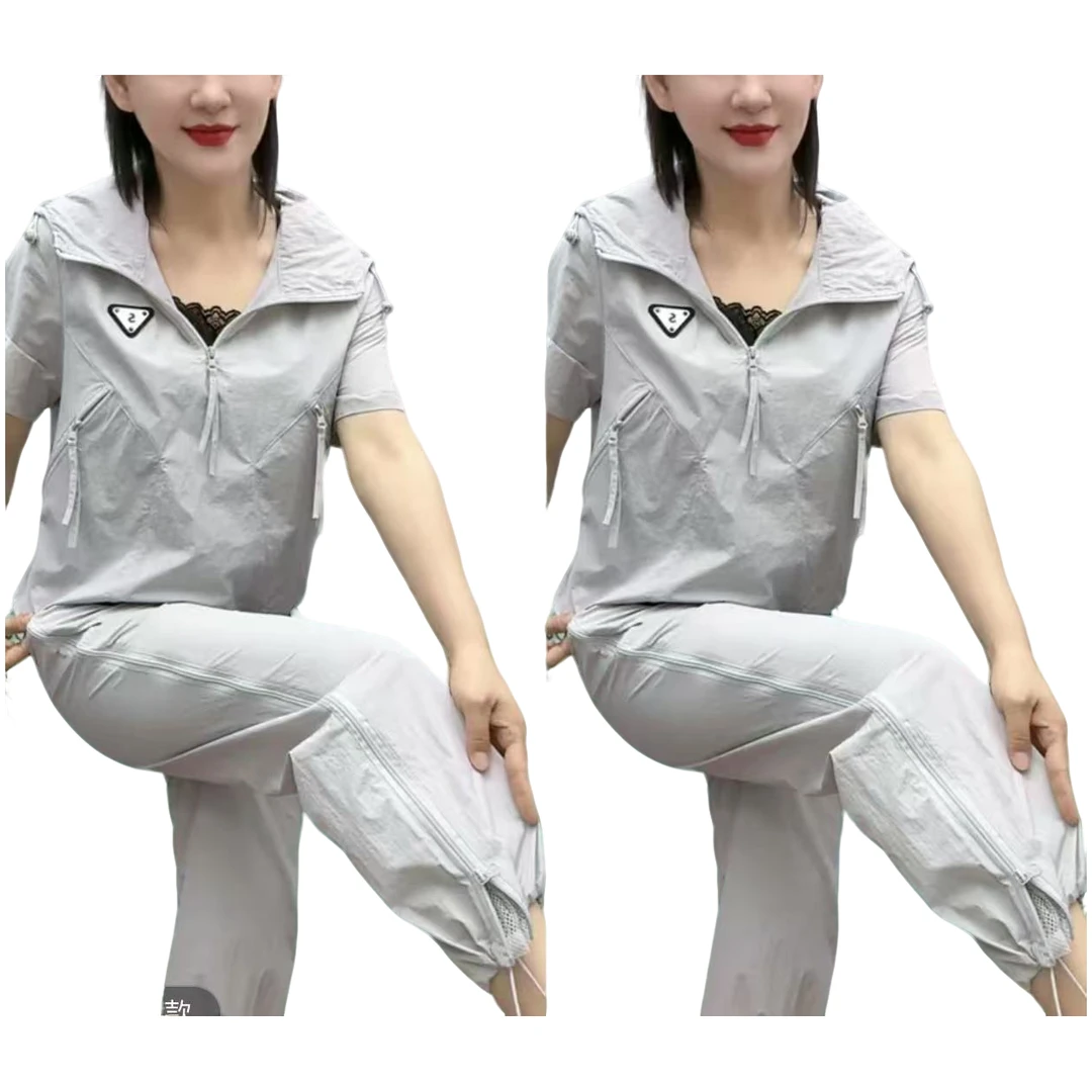 J561夏季新款休闲套装舒适透气凉快防晒连帽短袖+裤子