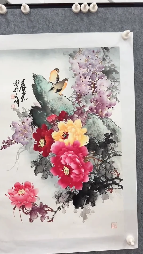 国画李文峰四尺三开花鸟