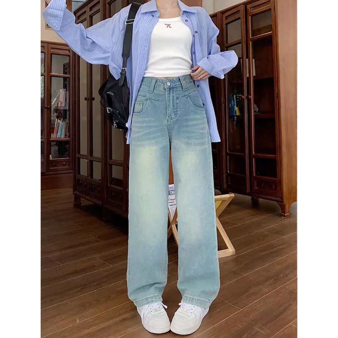 水洗做旧阔腿牛仔裤女大码高腰显瘦直简百搭宽松拖地长裤33152