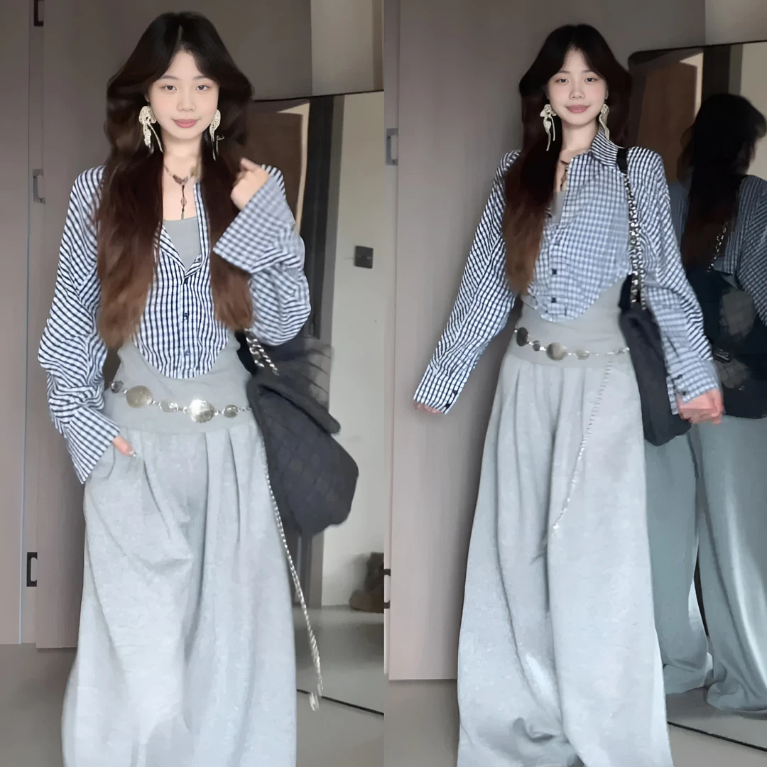 韩系格纹衬衫拼接秋季新款收腰时尚设计感衬衣女显瘦宽松休闲裤