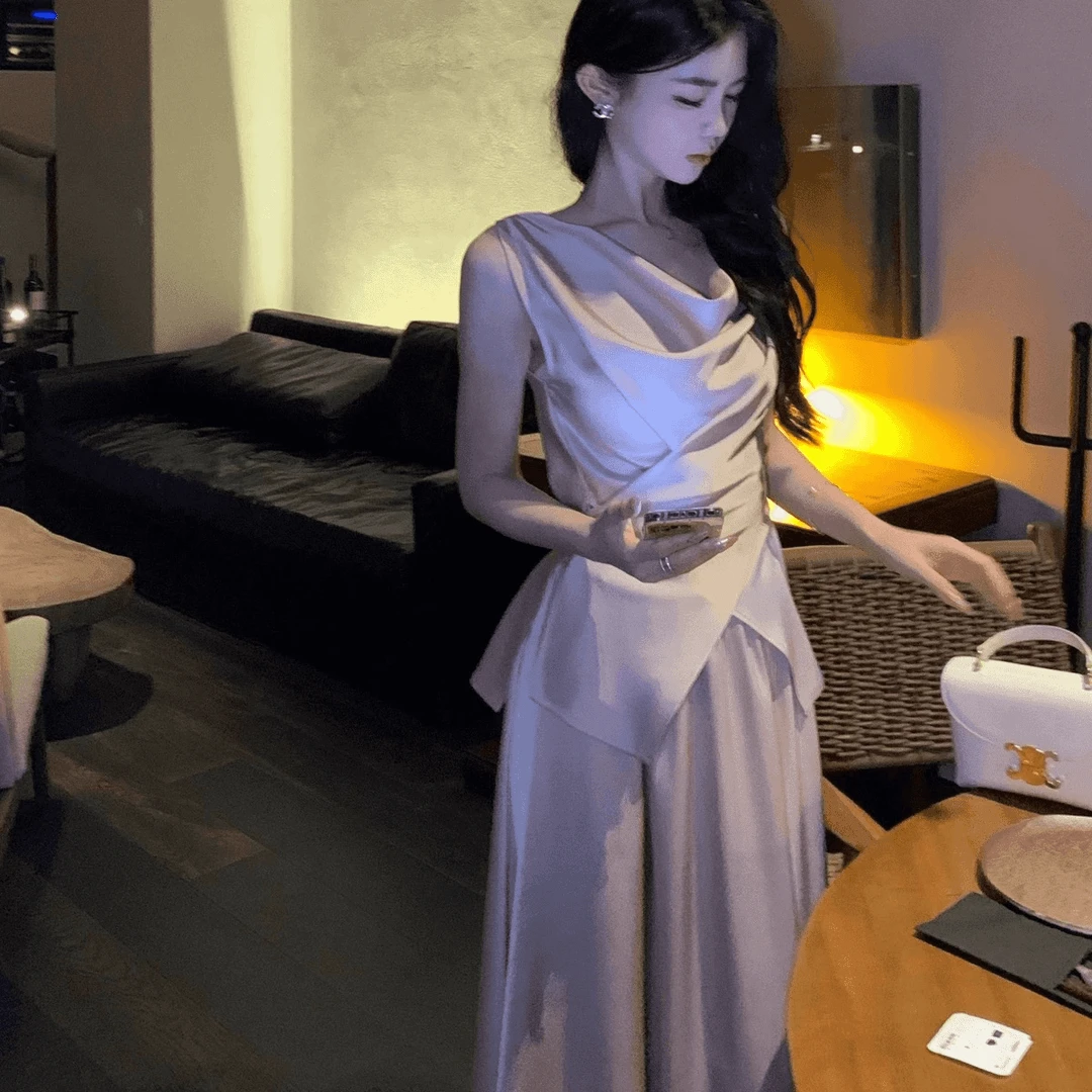 2025年气质无袖荡领上衣女夏季时尚新款高腰半身裙贵气两件套装