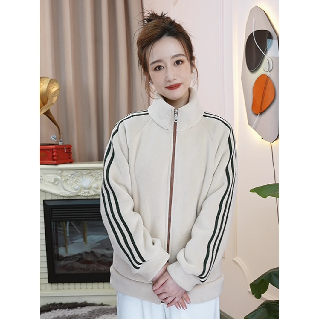 <<米白>>秋季时尚宽松大码拼接女长袖外套运动开衫加绒外套