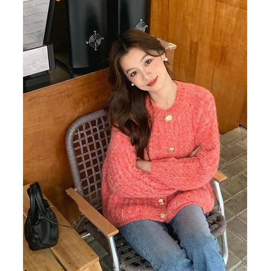 B224圆领宽松春季粉色小香风甜美百搭短款温柔毛针织衫224
