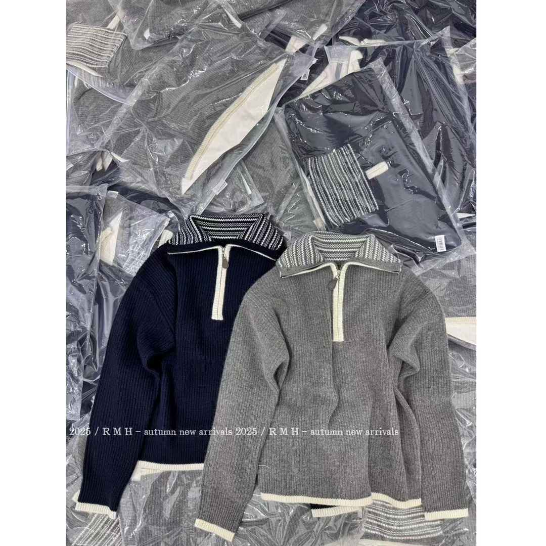 【YIBUDAOWEI】立领条纹半拉链宽松高领套头针织衫 98810