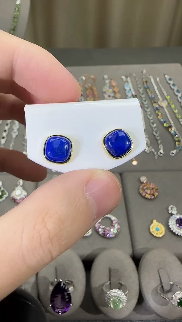 银S925镶嵌青金石耳饰11mm耳钉简约款