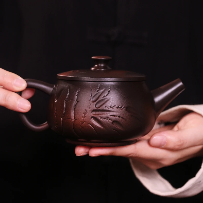 紫陶汉瓦茶壶浮雕竹节凤鸣壶大容量家用泡茶壶复古大号紫砂壶C123