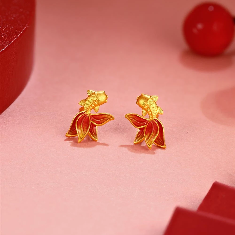ZOCAI/佐卡伊足金999幸运小金鱼珐琅彩锦鲤耳钉E03241