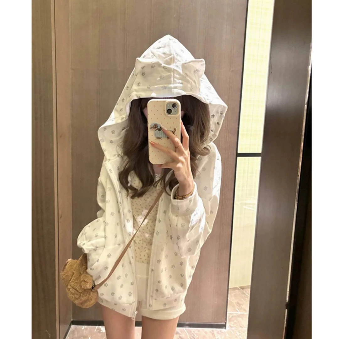 HandSeven可爱小猫耳朵连帽开衫卫衣新款印花韩版外套女秋季外套