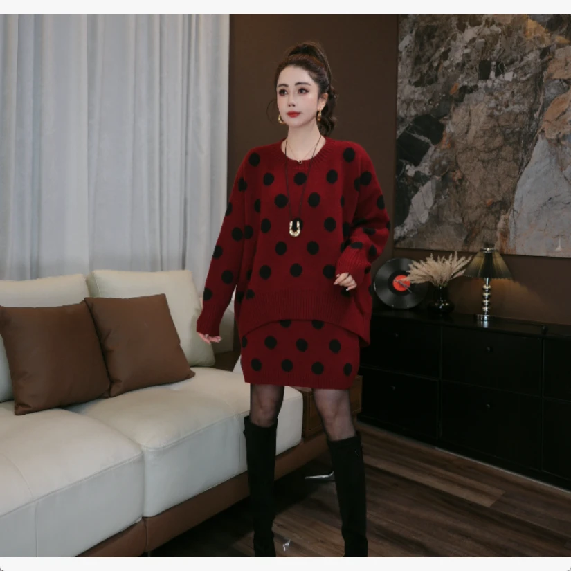 【鑫蕾】时尚气质波点针织毛衣短裙秋冬慵懒风两件套28533
