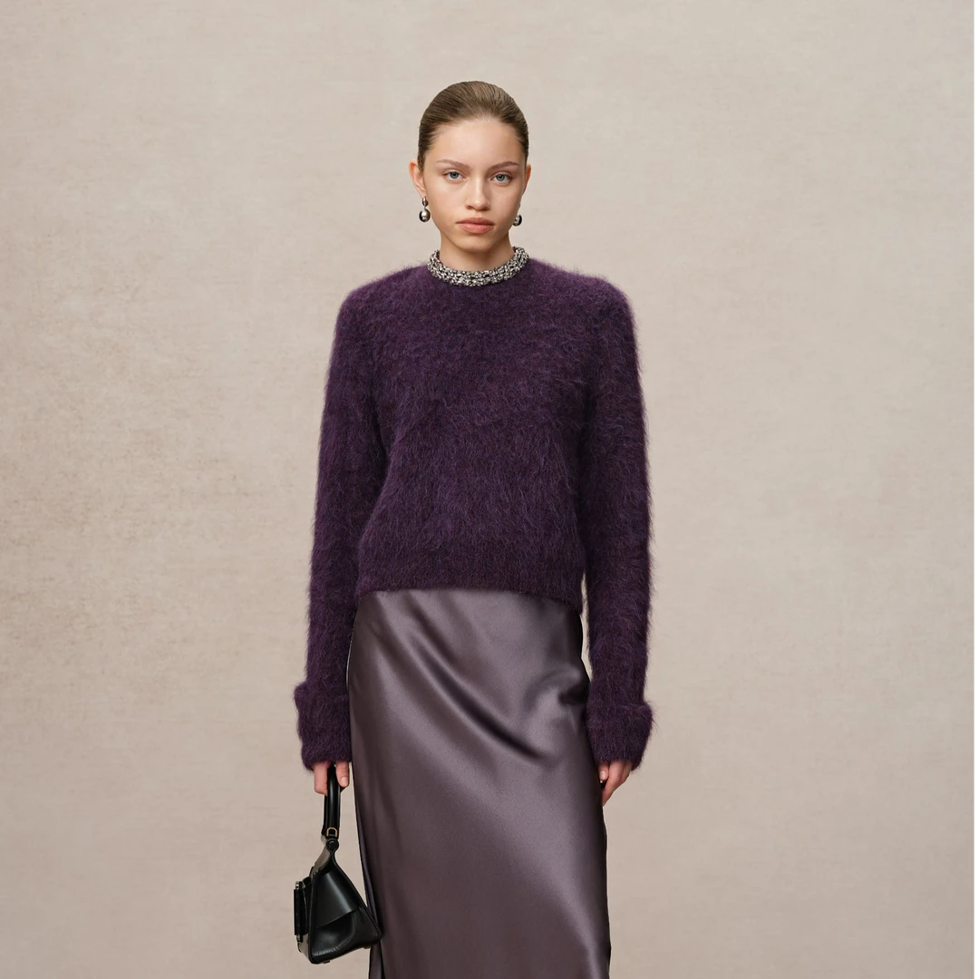 【Fabrique】 Violet 秋冬新品勃艮第红镶钻圆领羊驼毛复古针织毛衣
