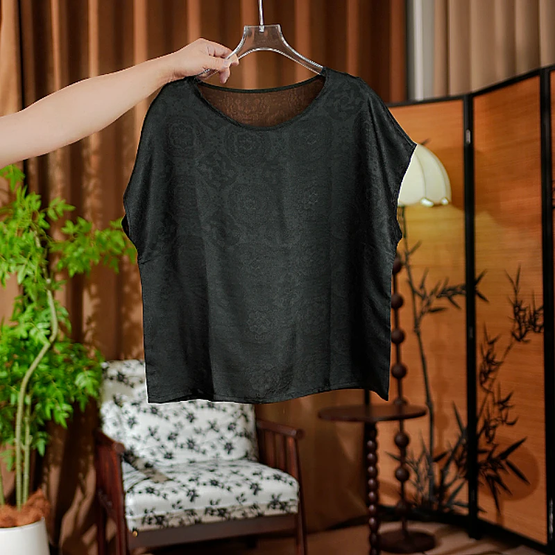 【古法宝象】5028香云纱小衫重磅桑蚕丝时尚休闲百搭圆领宽松提花