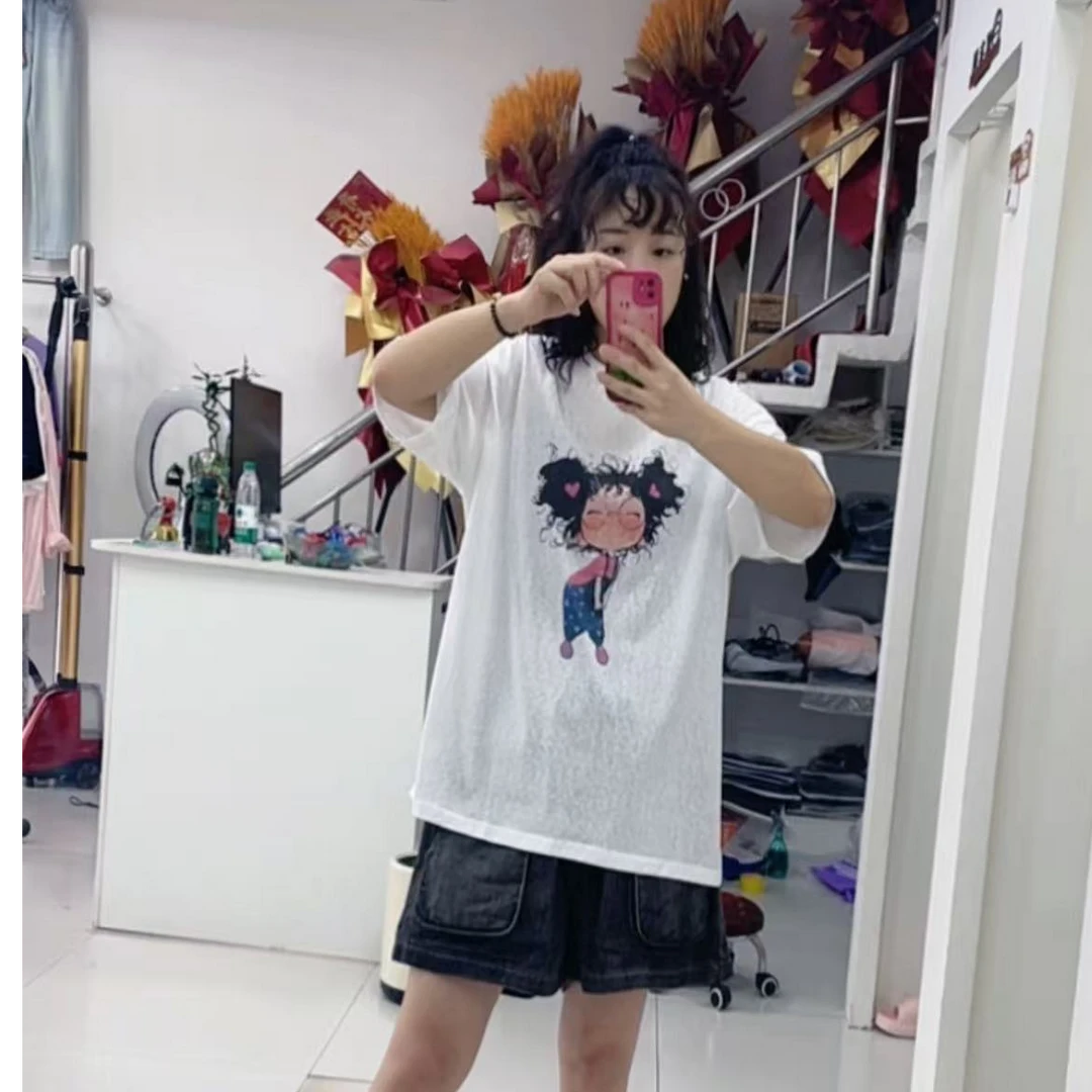 欧版12468时尚卷发小美女短袖T-2541夏季宽松白色半袖